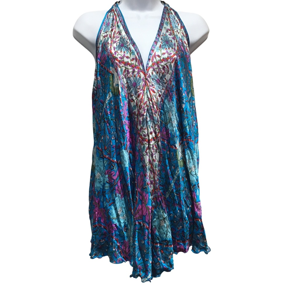 Handmade Floral Silky Halter Top Women's Small Blue Boho Festival Beach Hippie